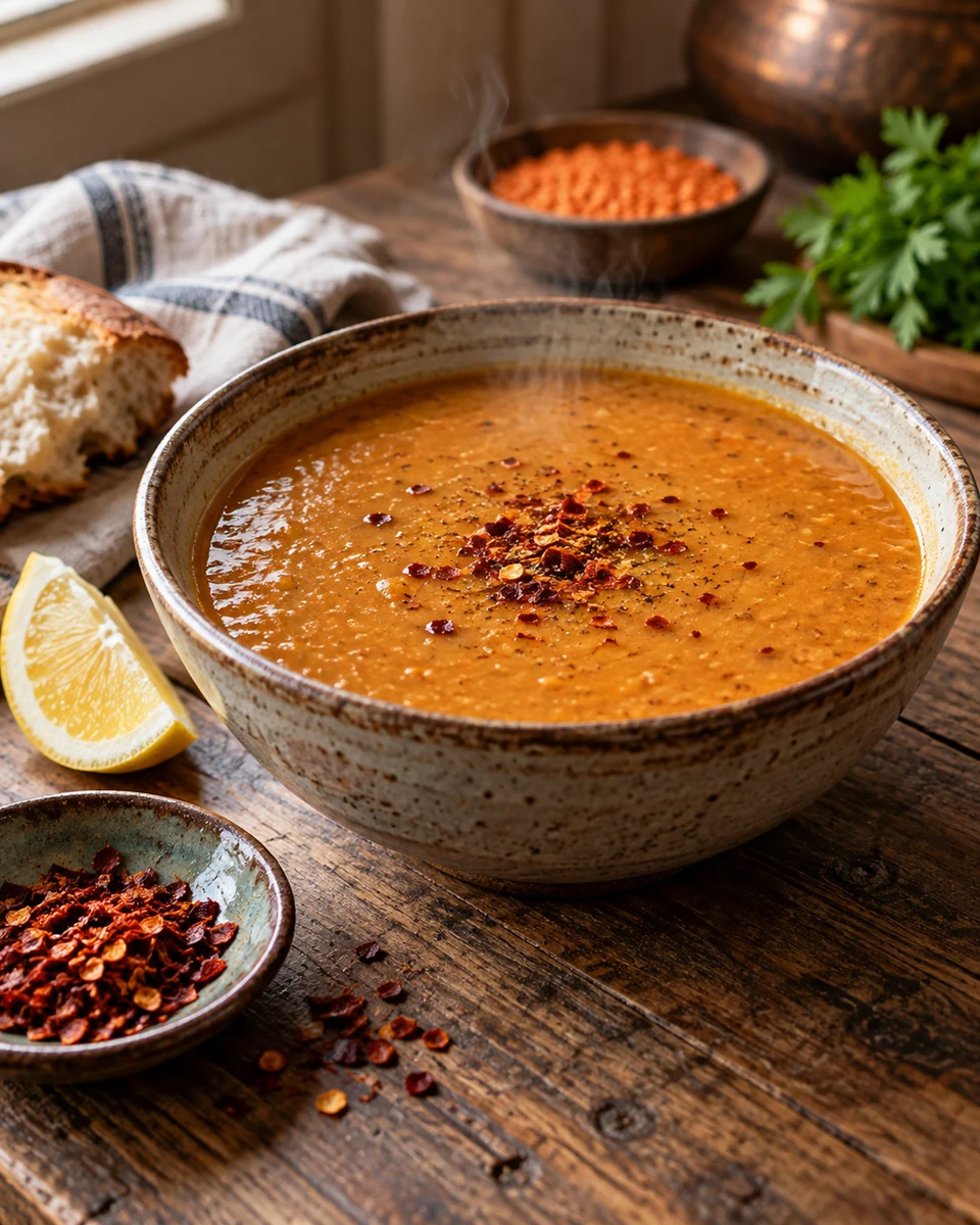 Pul biberli mercimek çorbası, yanında limon ve ekmek